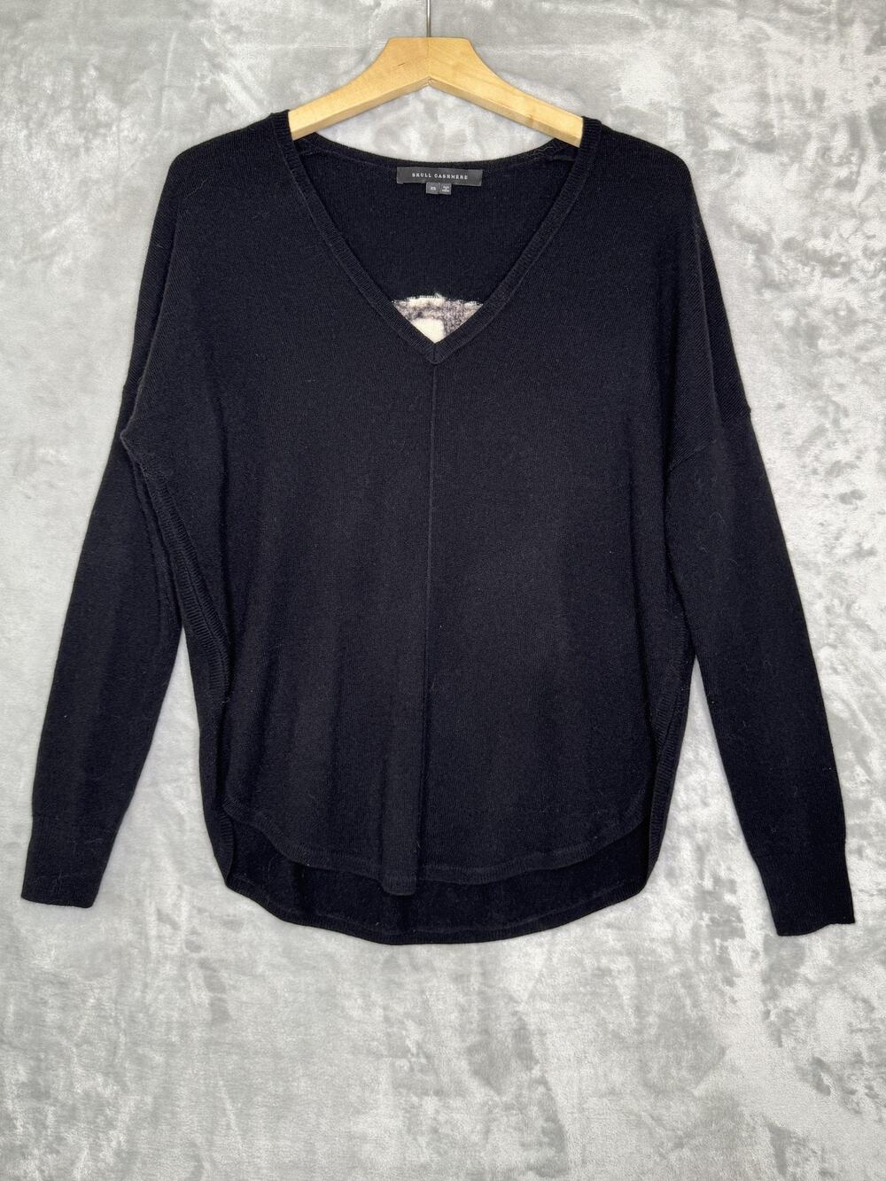 Skull Cashmere Sweater Womens XS Black V Neck Plaid Skull Graphic Back Knit